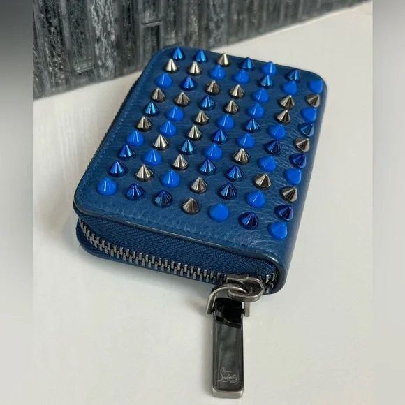 💙Christian Louboutin Panettone Blue Leather Multi Stud Spike Zip Wallet - Picture 9 of 14